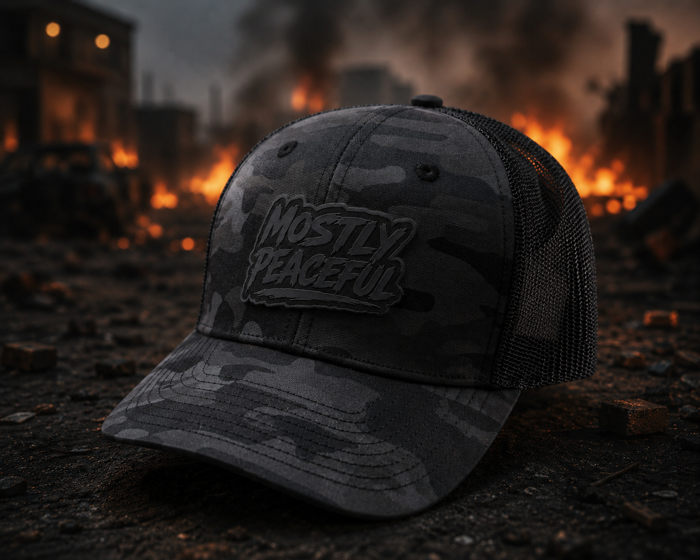 MOSTLY PEACEFUL Black Camo Hat
